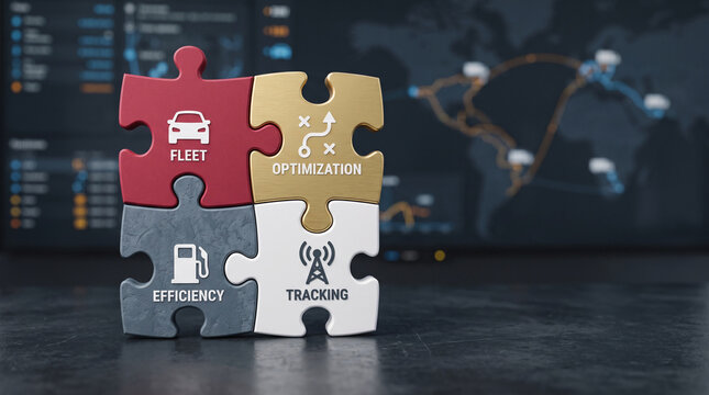 Fleet management puzzle pieces with tracking, optimization, and efficiency concepts