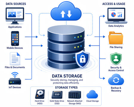 Cloud data storage and database management system. Digital information technology infrastructure with secure server access and analytics integration.
