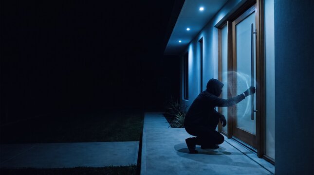 Home security and intrusion concept, a hooded figure in black attempting to unlock or bypass a modern home door at night.