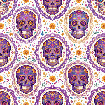 Colorful Day of the Dead sugar skulls with floral patterns and lace
