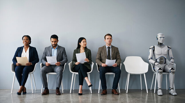 Diverse candidates and robot await job interview in waiting room