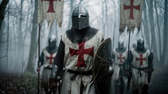 Armored knight leads misty forest procession with banners and companions