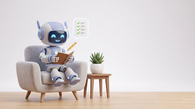 Cute robot sitting in armchair, writing in notebook with checklist
