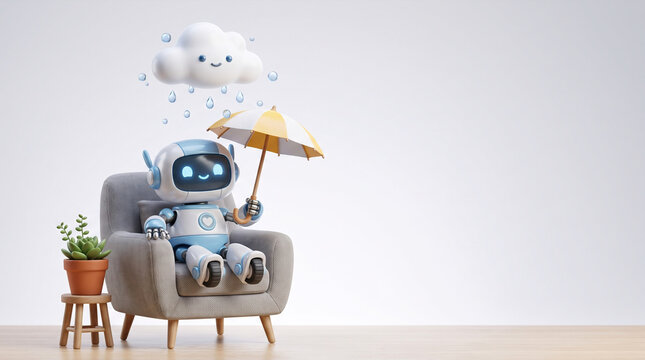 Cute robot sitting on armchair holding umbrella under rain cloud