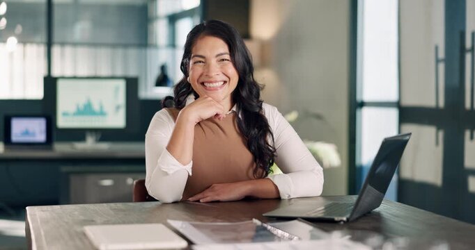 Face, business and woman in office with laptop, research and data analysis for accounting. Portrait, female person or smile in workplace with pc, finance information and graph stats for company audit