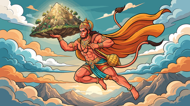 Hindu god Hanuman flies with a mountain in a cloudy sky with a mighty expression and long hair.