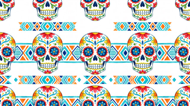 Colorful sugar skulls with geometric patterns on white background