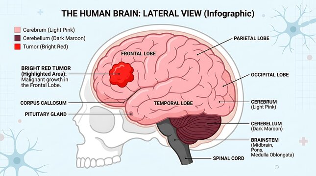 Lateral view infographic of the human brain highlighting different regions