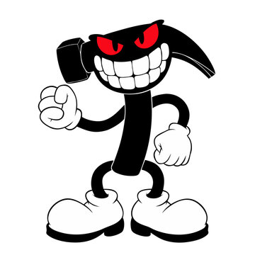 Angry 1930s rubber hose cartoon hammer character, vintage retro repair tool mascot vector illustration