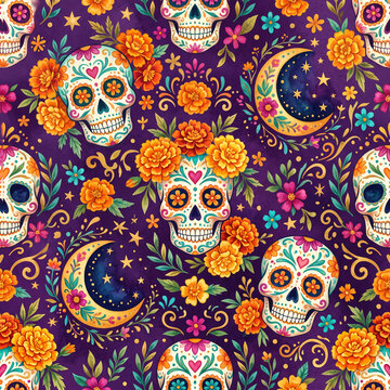 Colorful sugar skulls and marigolds pattern for Day of the Dead celebration