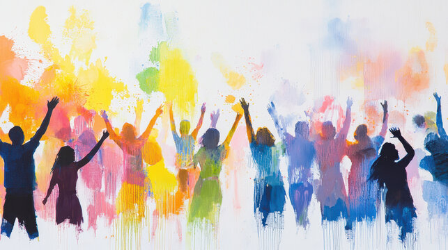 Colorful silhouettes of people celebrating with raised hands, vibrant splashes of paint in background create joyful atmosphere