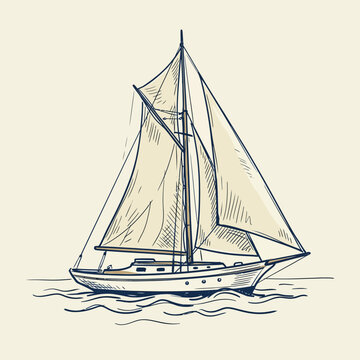 A detailed sketch of a sailboat gliding across calm blue waters