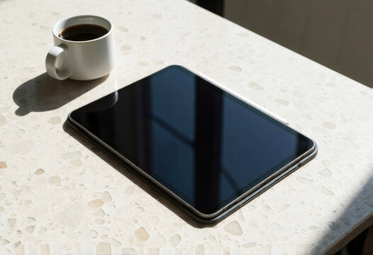 Tablet computer and cup of coffee on a stone table
