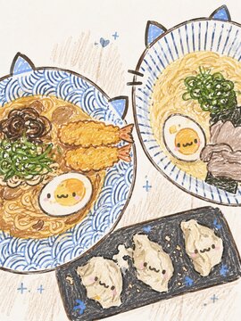 Sending you a big bowl of digital comfort today. 🍥💫 If happiness were a drawing, it would definitely look like cat-eared ramen bowls and smiling dumplings. 