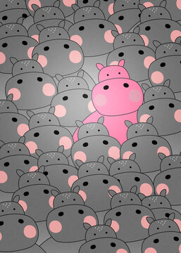 One pink hippopotamus stands out from a grey herd
