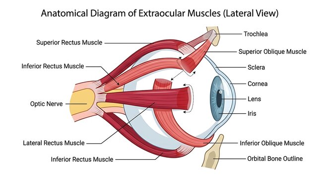 Anatomical diagram of the extraocular muscles of the human eye with structure