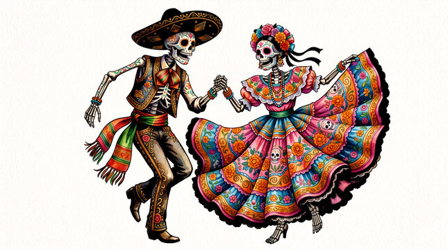 Day of the Dead skeletons dancing in traditional colorful costumes