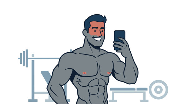 Confident muscular bodybuilder takes a mirror selfie with his smartphone in the gym showing strong six pack abs.