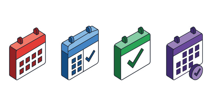 Isometric calendar icon set with checkmarks, colorful schedule planners for time management, 3D vector organizer symbols for business productivity