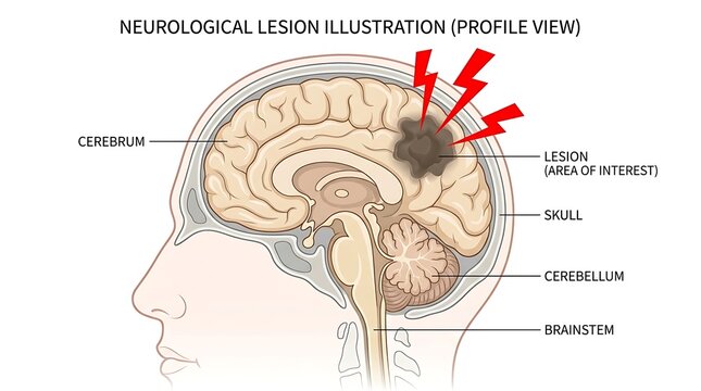 Neurological lesion illustration showing brain injury with lightning bolts