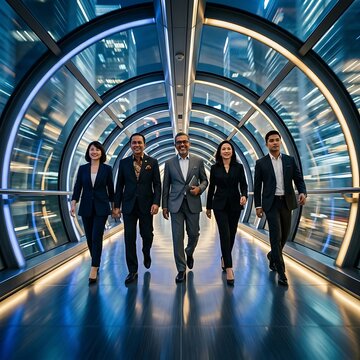 Business professionals walking through modern glass tunnel