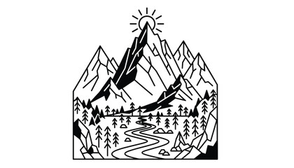 Naklejka premium Black and white geometric line art illustration of high mountain peaks under the sun with a winding river and forest.