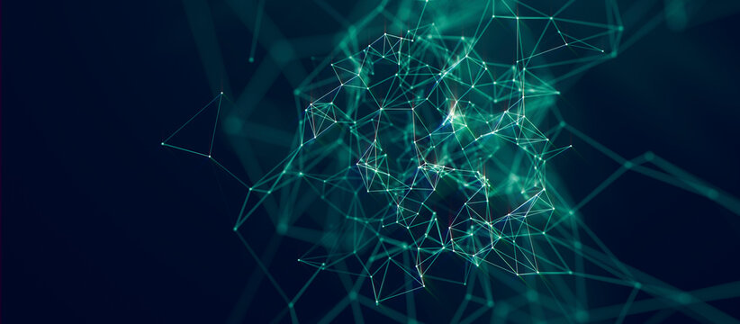 Abstract green digital network connection background with dots and lines