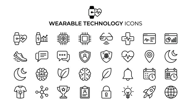 Wearable technology icons include health monitoring symbols, digital interface elements, and hardware parts. This linear style set is useful for mobile app development and web design.