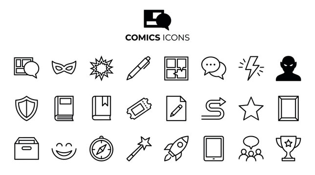 Comics icons set collection featuring symbols including a superhero mask, lightning, rocket, and speech bubbles for graphic design projects in a clean, minimalist black outline style.