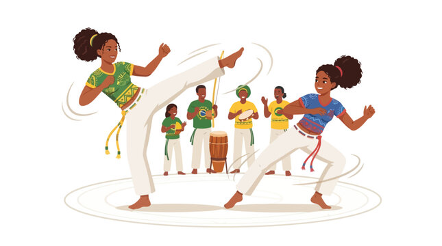 Two women performing capoeira martial arts dance in a vibrant cultural studio vector illustration