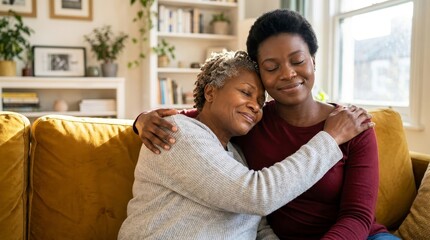Obraz premium Heartwarming Moment of African American Mother and Adult Daughter Embracing on Sofa at Home