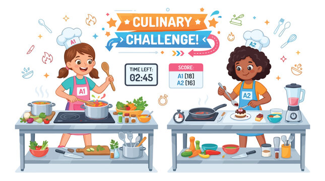 Two girls participating in a culinary challenge cooking competition in a modern kitchen vector