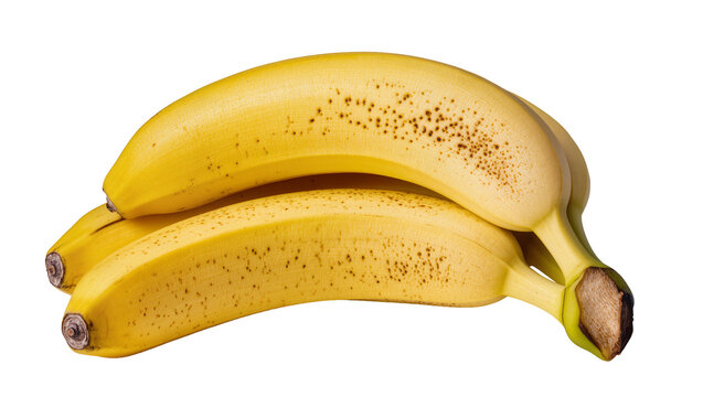 Bunch of ripe yellow bananas with brown spots, isolated on transparent background