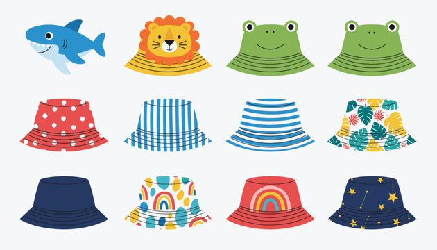 Large collection of twelve cute children bucket hats with colorful patterns and animal faces like lion and frog.