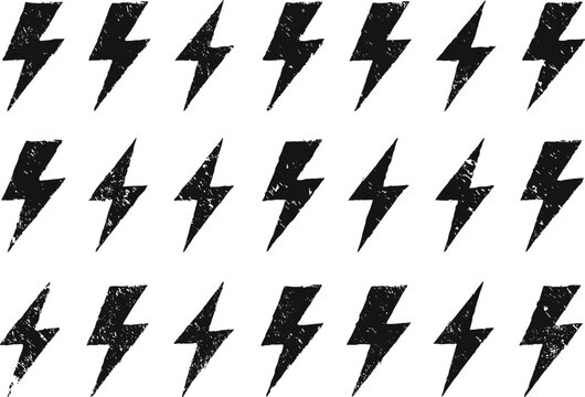 Black lightning bolt icons in distressed grunge style on white background symbolizing power and energy