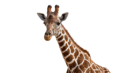 Close-up portrait of a giraffe with brown and white patterned fur, isolated on transparent background © vasili
