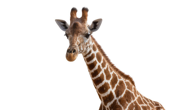 Close-up portrait of a giraffe with brown and white patterned fur, isolated on transparent background