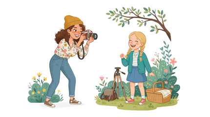 Fototapeta premium Woman photographer taking a portrait of a young girl in a garden vector illustration style art