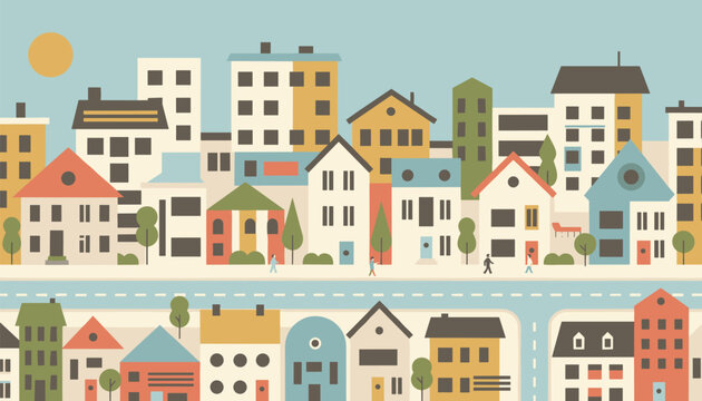 Seamless city street flat illustration featuring colorful cartoon houses, small trees, and people walking on a road.