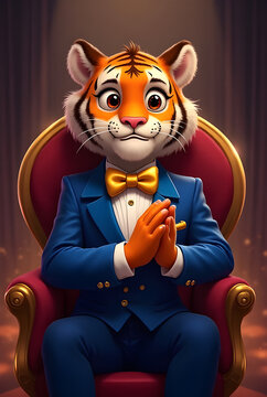 Anthropomorphic tiger gentleman in a sharp tuxedo holds his paws in a welcoming, presenter-like pose while sitting in a velvet chair.