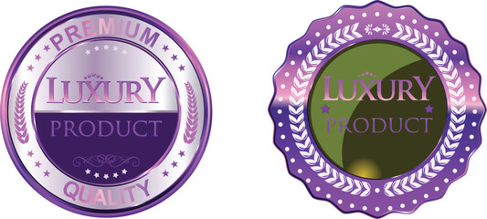 Obraz premium Set of two elegant purple luxury product labels with metallic finish and decorative borders.