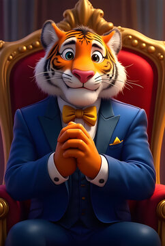Anthropomorphic tiger gentleman in a sharp tuxedo holds his paws in a welcoming, presenter-like pose while sitting in a velvet chair.