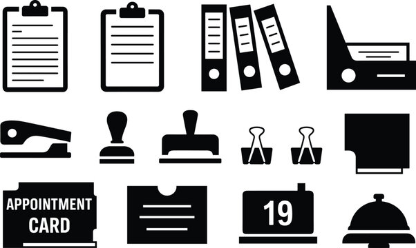 Business office supply icons including clipboard folder binder stamp stapler and calendar.