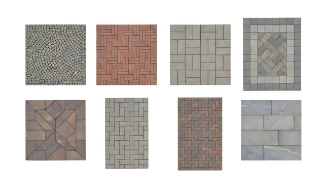 Paving stone texture set with 8 samples, concrete brick and cobblestone patterns, architectural masonry materials for landscaping and outdoor design