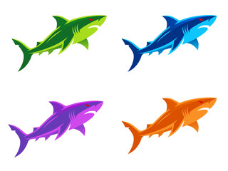 Fototapeta premium Four Color Shark Mascot Vector Collection, Fierce Marine Predator Logo Design for Esports and Sports Branding