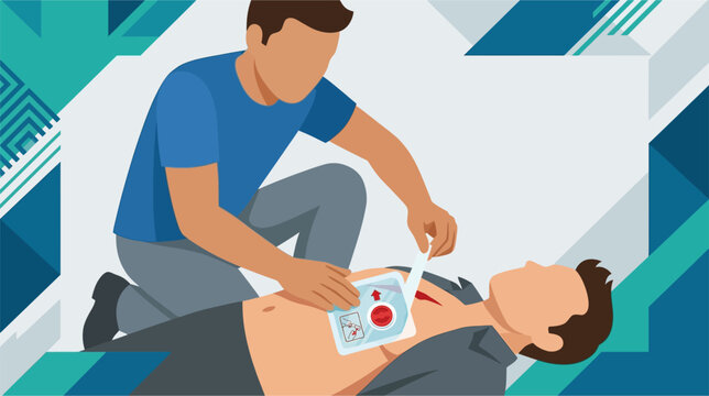 Vector illustration showing the medical application of a chest seal on a human torso for emergency first aid treatment of a penetrating chest wound or open pneumothorax injury.