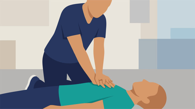 Vector illustration showing step-by-step CPR chest compressions for emergency first aid training, including hand placement on the sternum and life-saving resuscitation procedure.