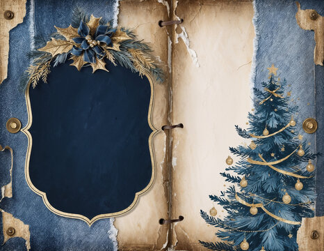 sapin bleu et boules de No&euml;l avec une texture d'arri&egrave;re-plan en denim sur une double page