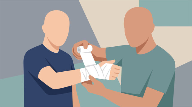Vector illustration showing a person applying a white gauze bandage to a human wrist, demonstrating first aid techniques for injury support, stabilization, and medical treatment.
