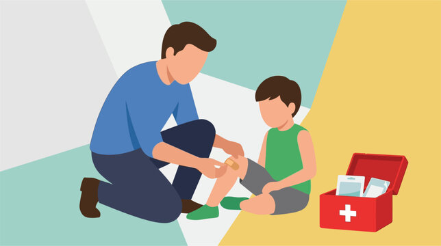 Medical vector illustration showing a knee bandage application. Detailed view of a human knee joint being wrapped with an elastic compression bandage for sports injury recovery and first aid.